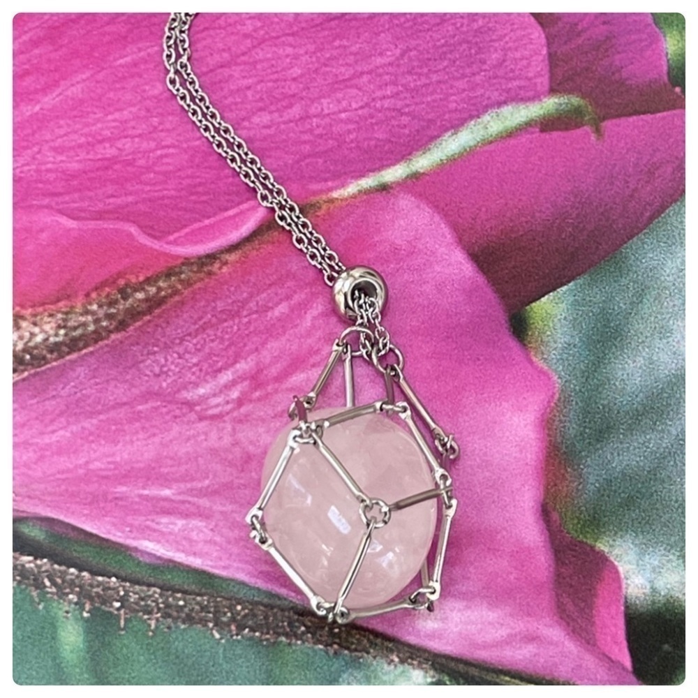 Rose Quartz Crystal Necklace in interchangeable cage/Pouch Handcrafted